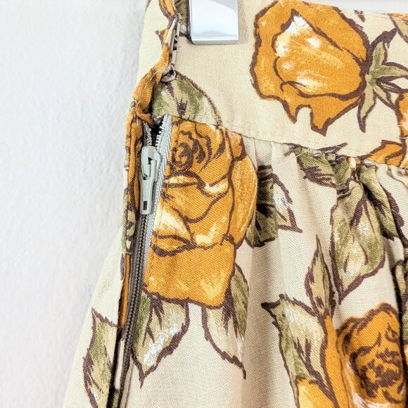 Beige A-Line Basque Waist Midi Skirt with Mustard Yellow Roses - Has Pockets XS - Picture 11 of 11